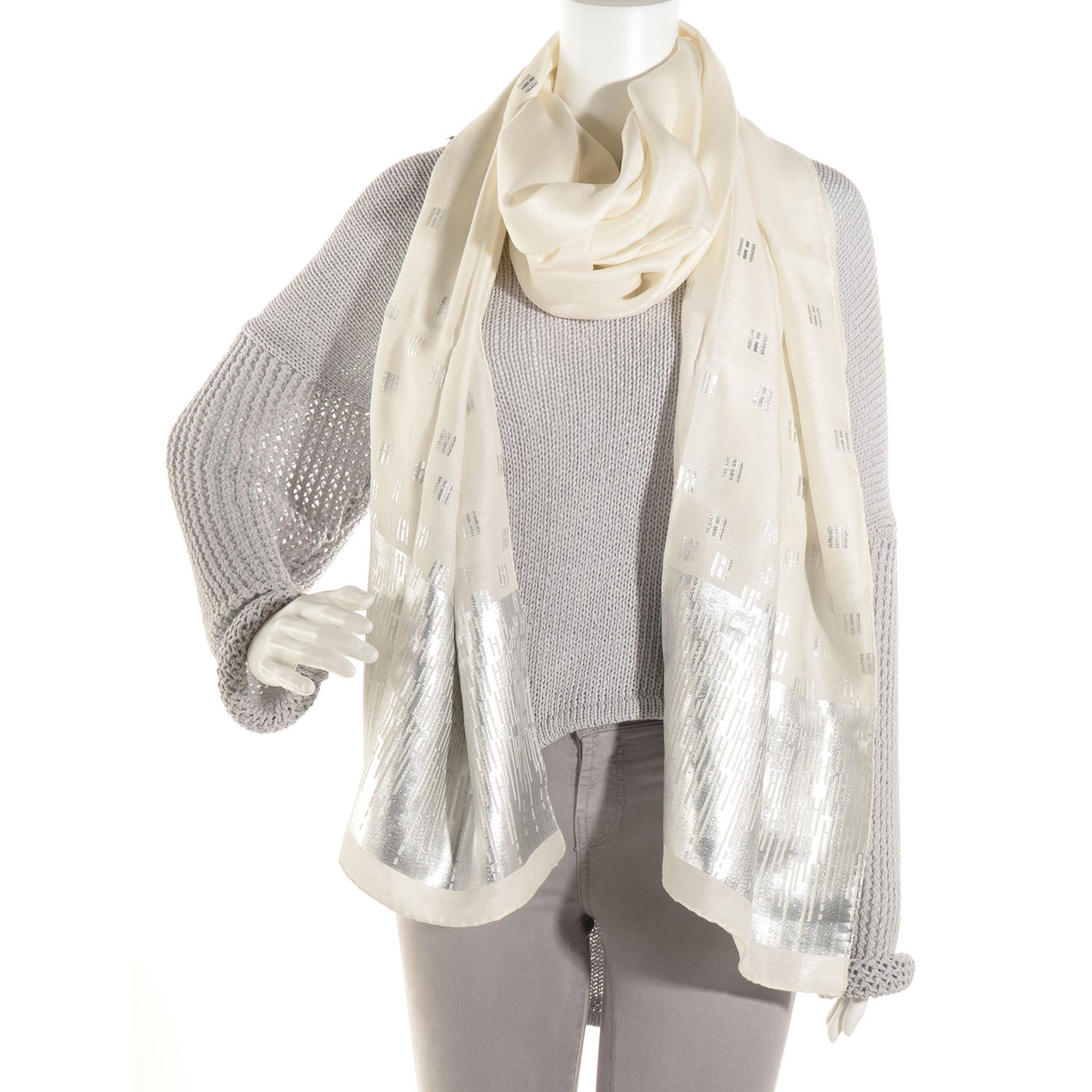 Silk Cashmere Hart Deco Stole Ivory and Argent