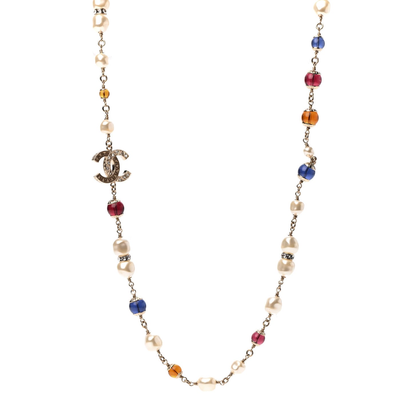 Pearl Beaded Crystal CC Long Necklace Gold Multi