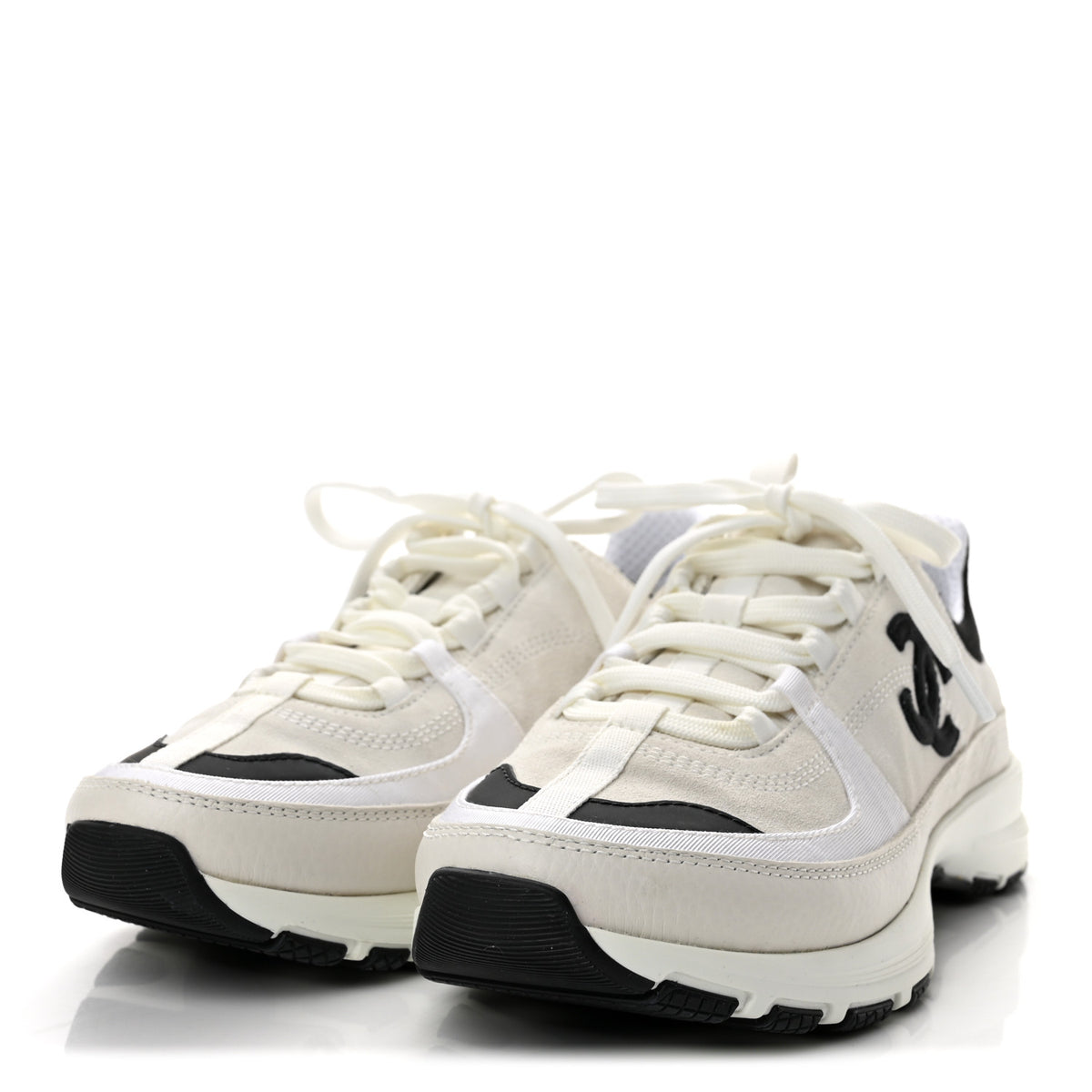 Suede Calfskin Grosgrain Womens CC Sneakers 38 White Black