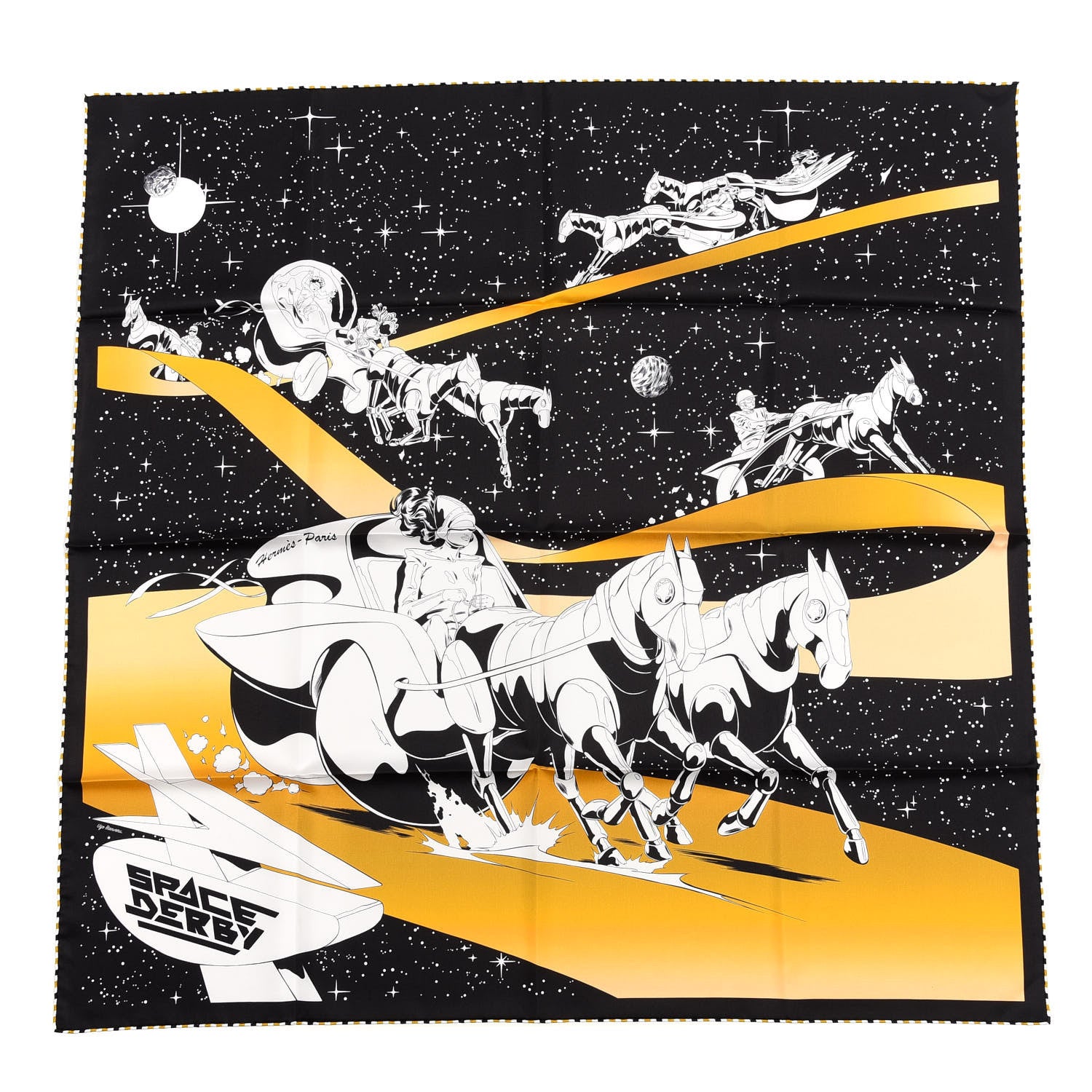 Hermes Silk Space Derby Scarf 90 Black White Gold 1 of 4