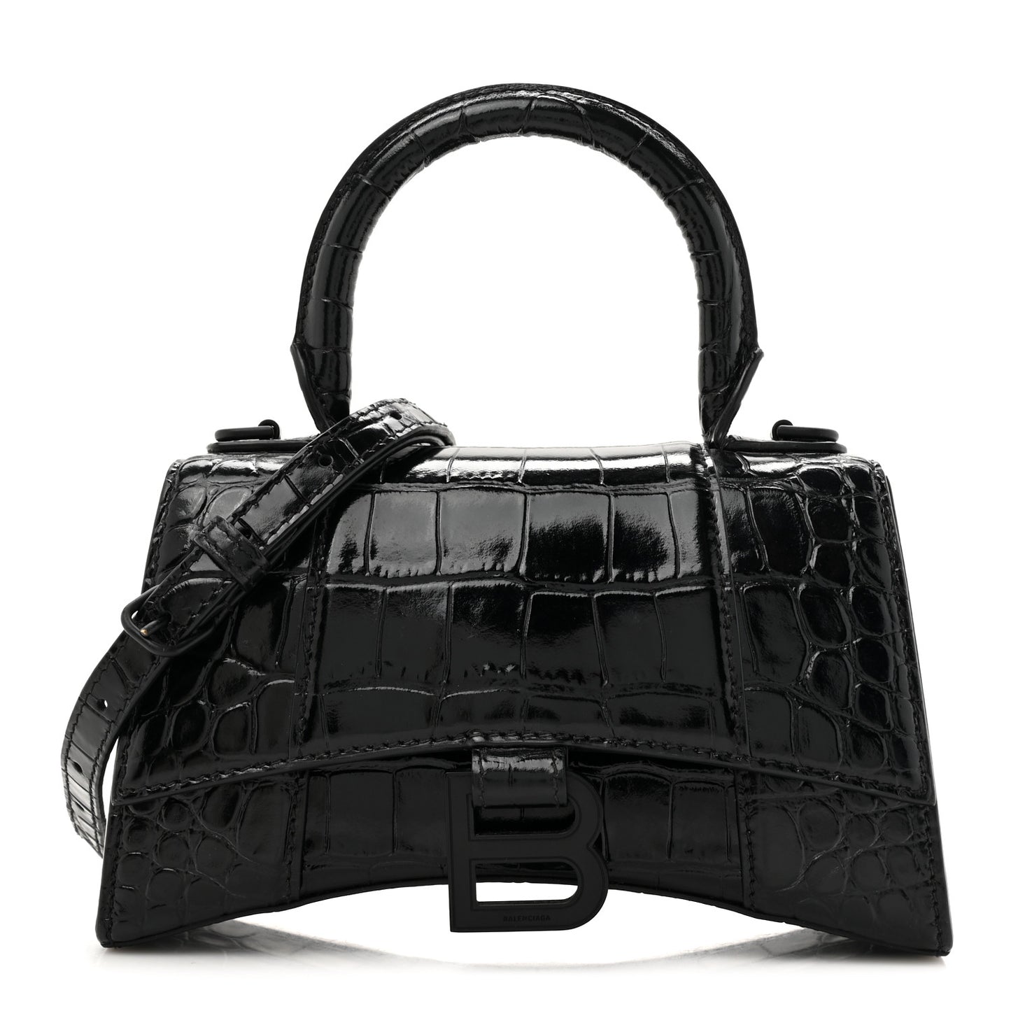 Shiny Calfskin Monochrome Crocodile Embossed Hourglass Top Handle Bag XS Black