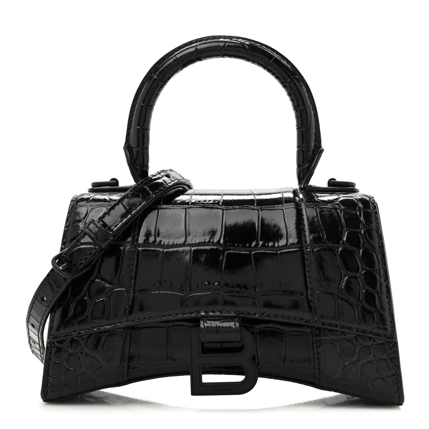 Balenciaga Shiny Calfskin Monochrome Crocodile Embossed Hourglass Top Handle Bag XS Black 1 of 11