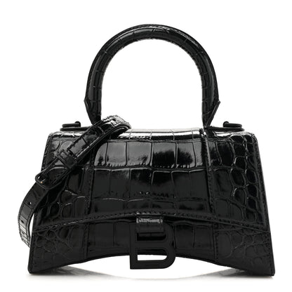 Balenciaga Shiny Calfskin Monochrome Crocodile Embossed Hourglass Top Handle Bag XS Black 1 of 11
