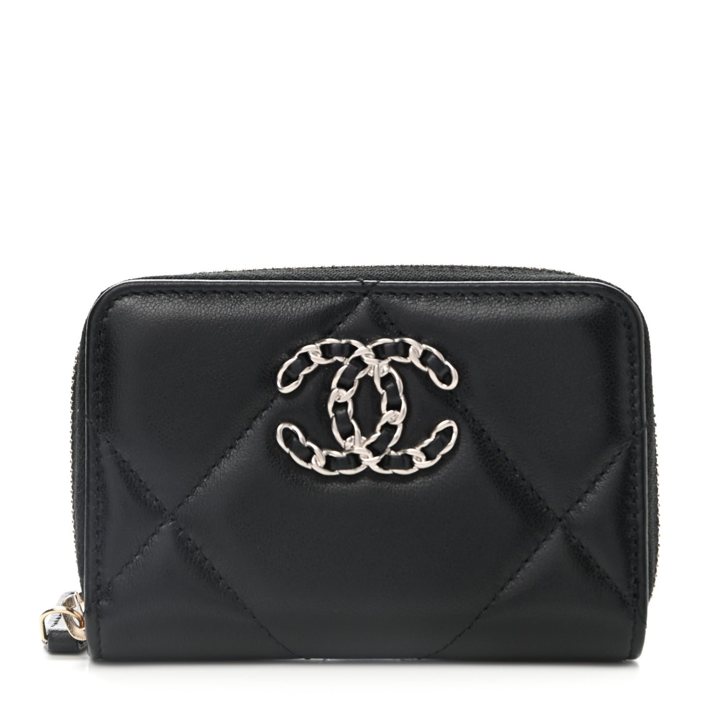Lambskin Quilted Chanel 19 Zip Around Coin Purse Wallet Black