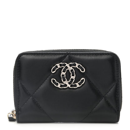 Chanel Lambskin Quilted Chanel 19 Zip Around Coin Purse Wallet Black 1 of 8