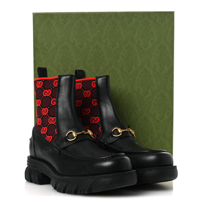 Gucci Quebec Calfskin Technical Jersey Knit GG Monogram Mens Horsebit Ankle Boots 11.5 Black Light Hibiscus Red 12 of 12