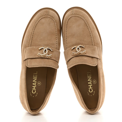Chanel Suede Kidskin Crystal CC Loafers 38 Dark Beige 2 of 9