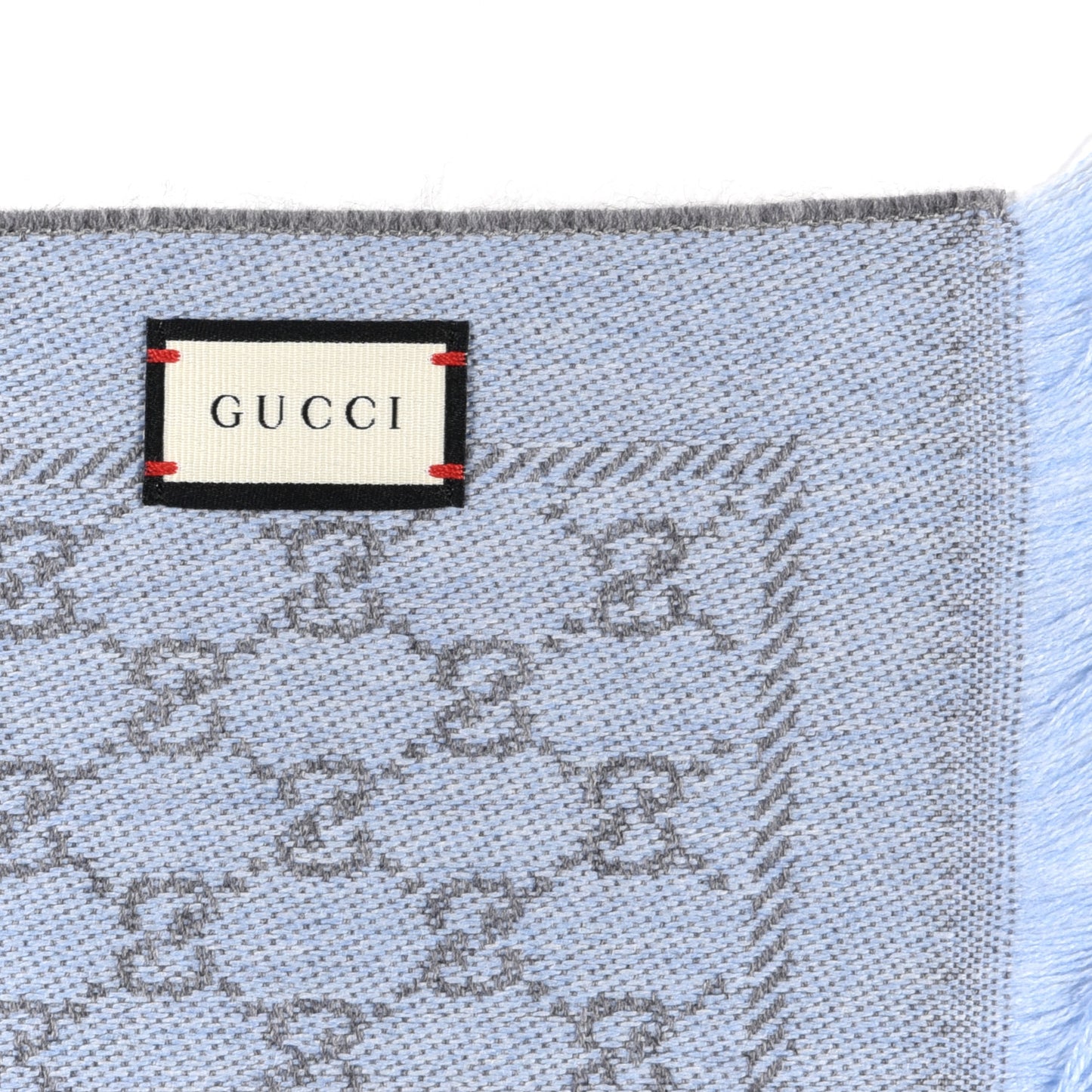Wool GG Monogram Reversible New Sten Fringe Scarf Flannel Sky Blue