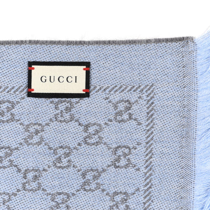 Gucci Wool GG Monogram Reversible New Sten Fringe Scarf Flannel Sky Blue 5 of 5