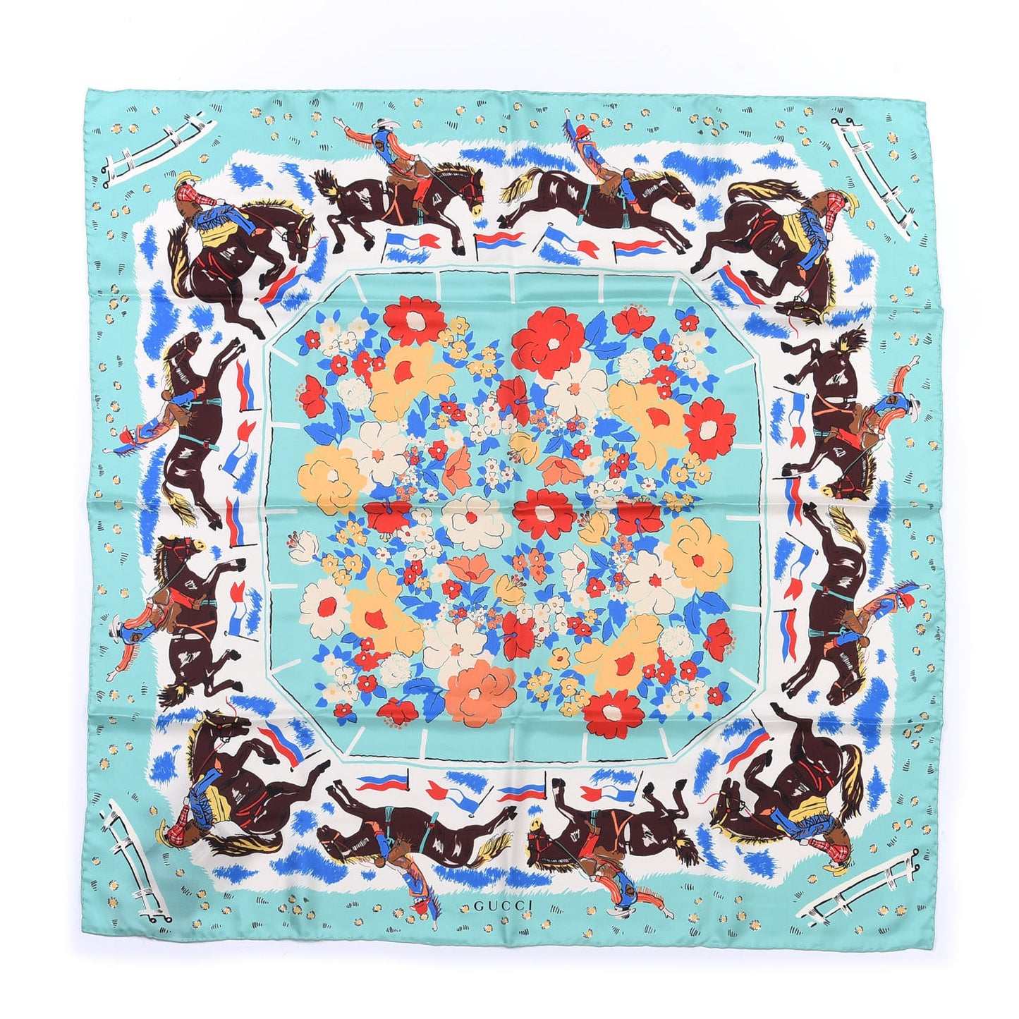 Silk Twill Rodeo Day Square Scarf Aqua Ivory
