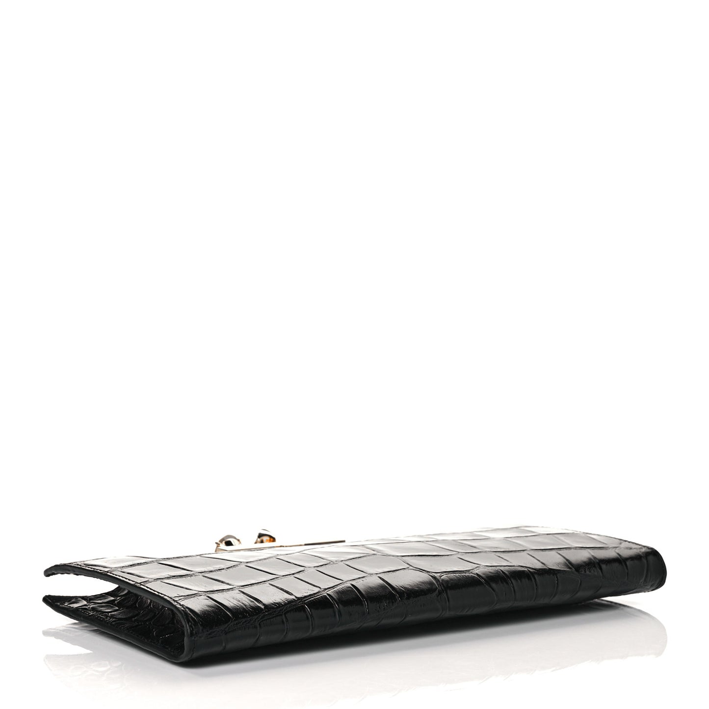 Calfskin Crocodile Embossed Knuckle Flat Clutch Black Gold