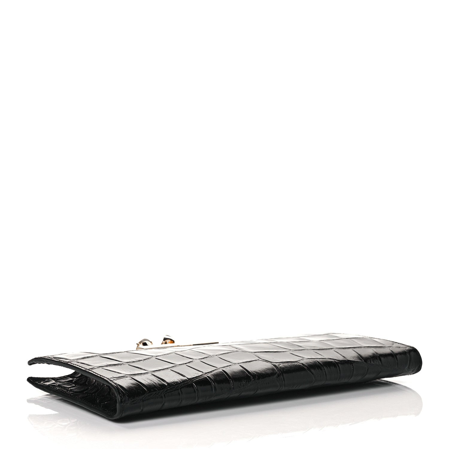 Alexander McQueen Calfskin Crocodile Embossed Knuckle Flat Clutch Black Gold 6 of 8