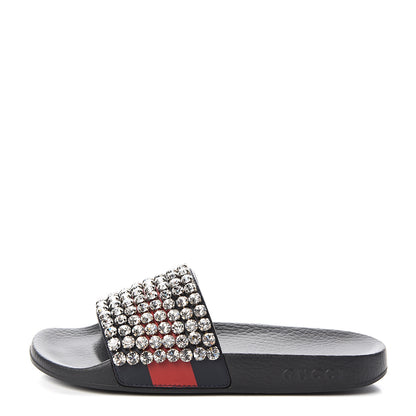 Gucci Calfskin Crystal Embellished Web Slide Sandals 37 Blue Red 1 of 8