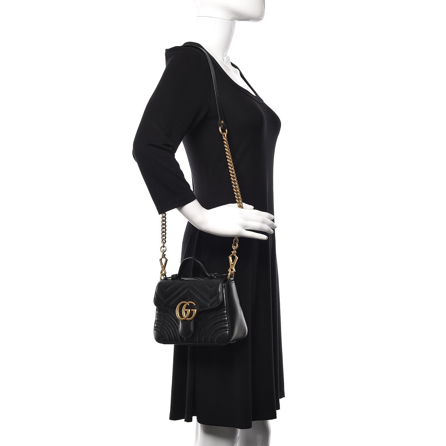 Gucci Calfskin Matelasse Mini GG Marmont Top Handle Shoulder Bag Black 2 of 11