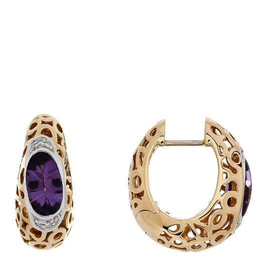 18K Yellow White Gold Diamond Amethyst Mauresque Hoop Earrings