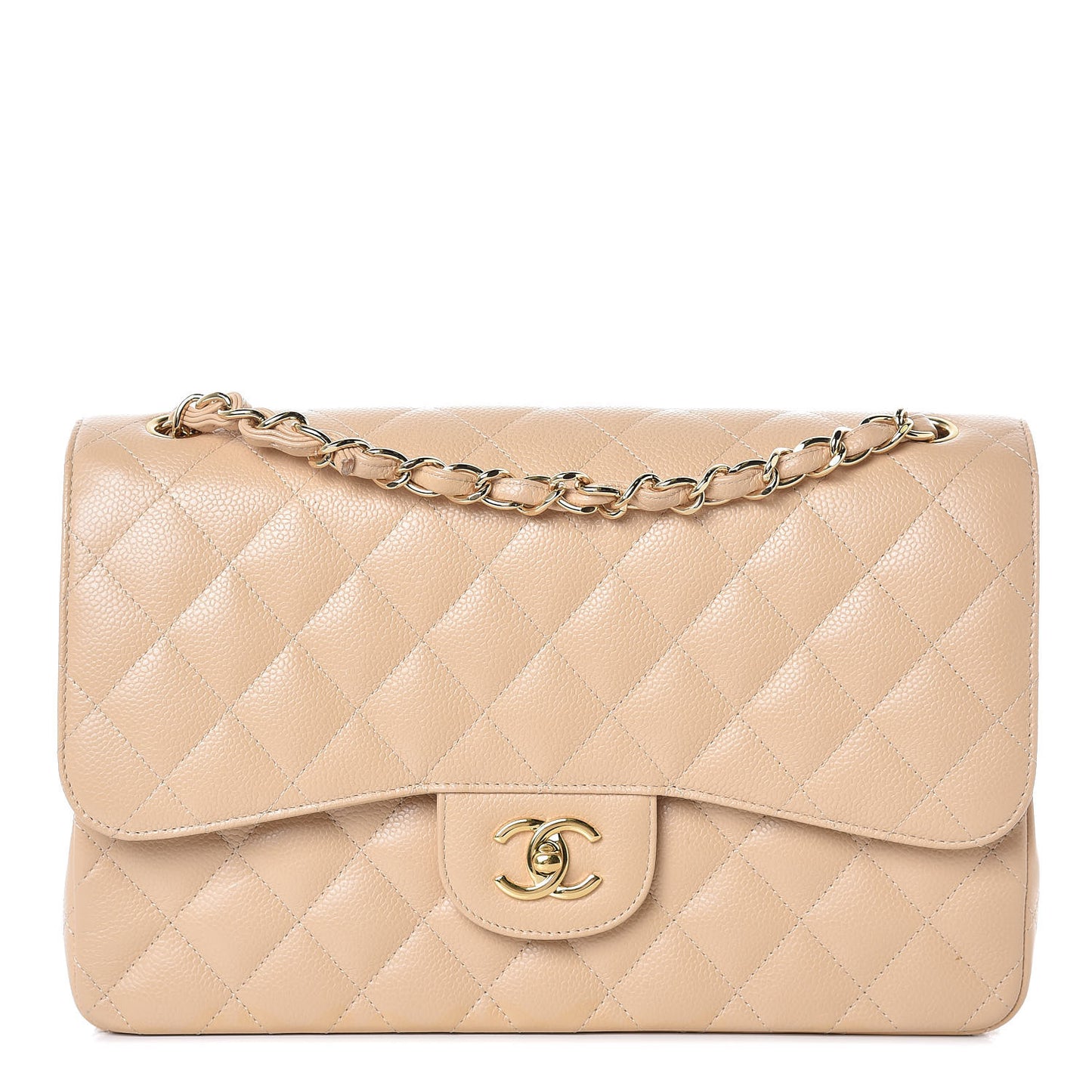 Caviar Quilted Jumbo Double Flap Beige Clair