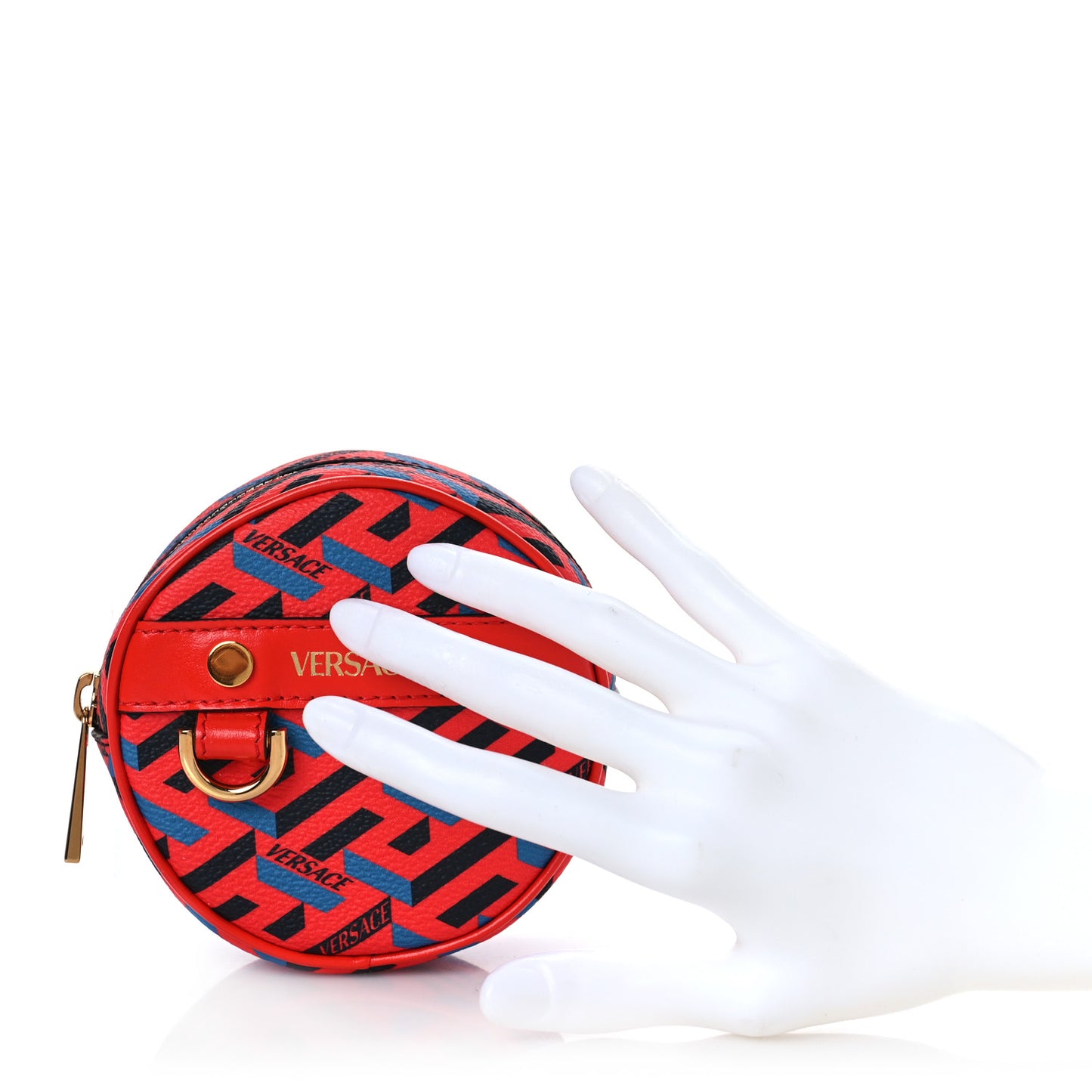 Coated Canvas Calfskin La Greca Round Zip Pouch Blue Red
