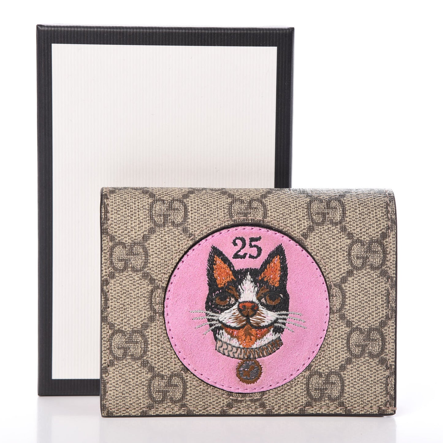 GG Supreme Monogram Bosco Patch Card Case Wallet Beige Malva Hibiscus Red