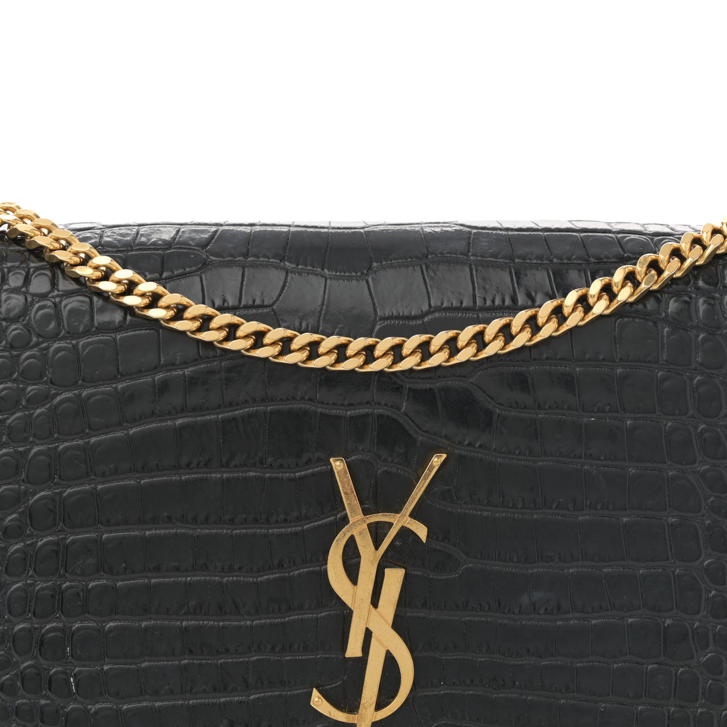 Calfskin Crocodile Embossed Medium Classic Monogram Kate Tassel Satchel Black