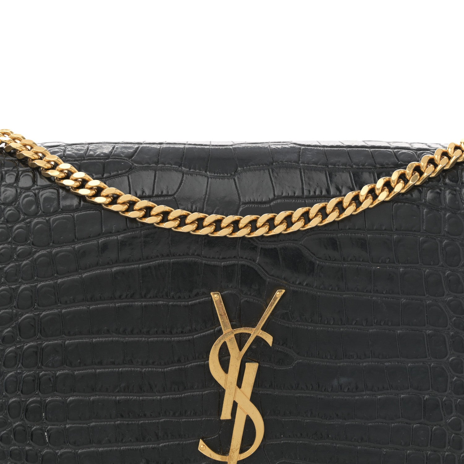 Saint Laurent Calfskin Crocodile Embossed Medium Classic Monogram Kate Tassel Satchel Black 8 of 10