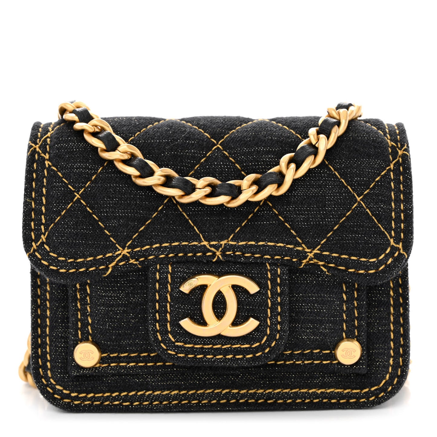 Denim Quilted Double You Card Holder On Chain Black Golden