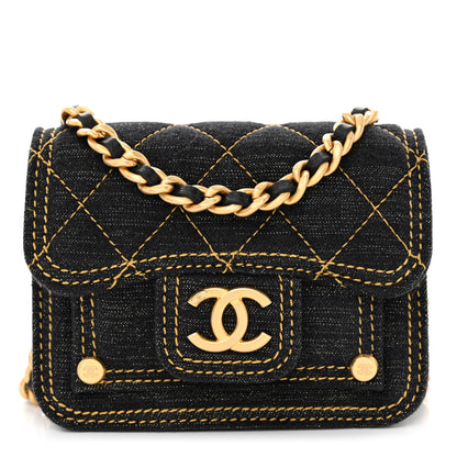Chanel Denim Quilted Double You Card Holder On Chain Black Golden 1 of 11