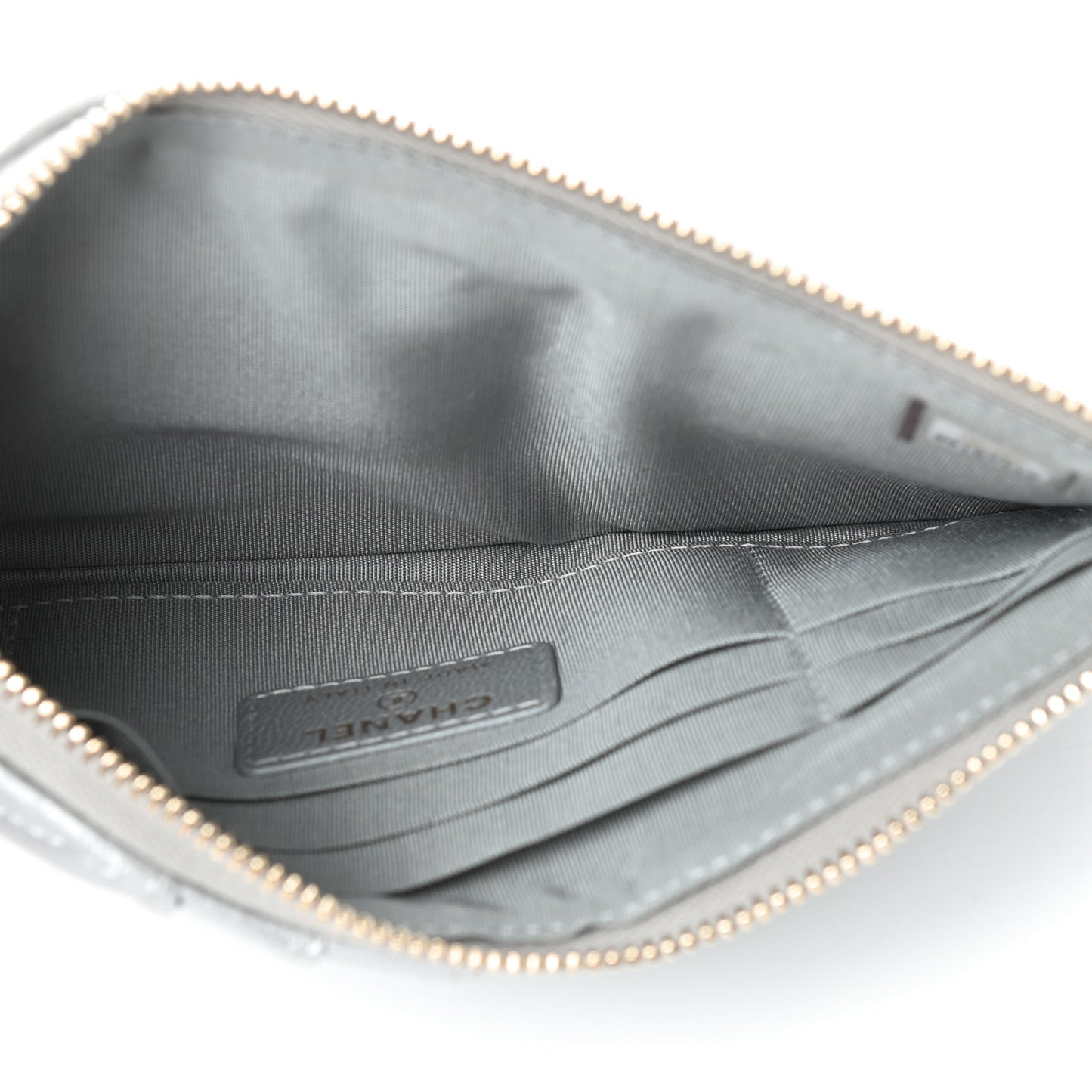 Metallic Goatskin Quilted Chanel 19 Flat Wallet Pouch Silver