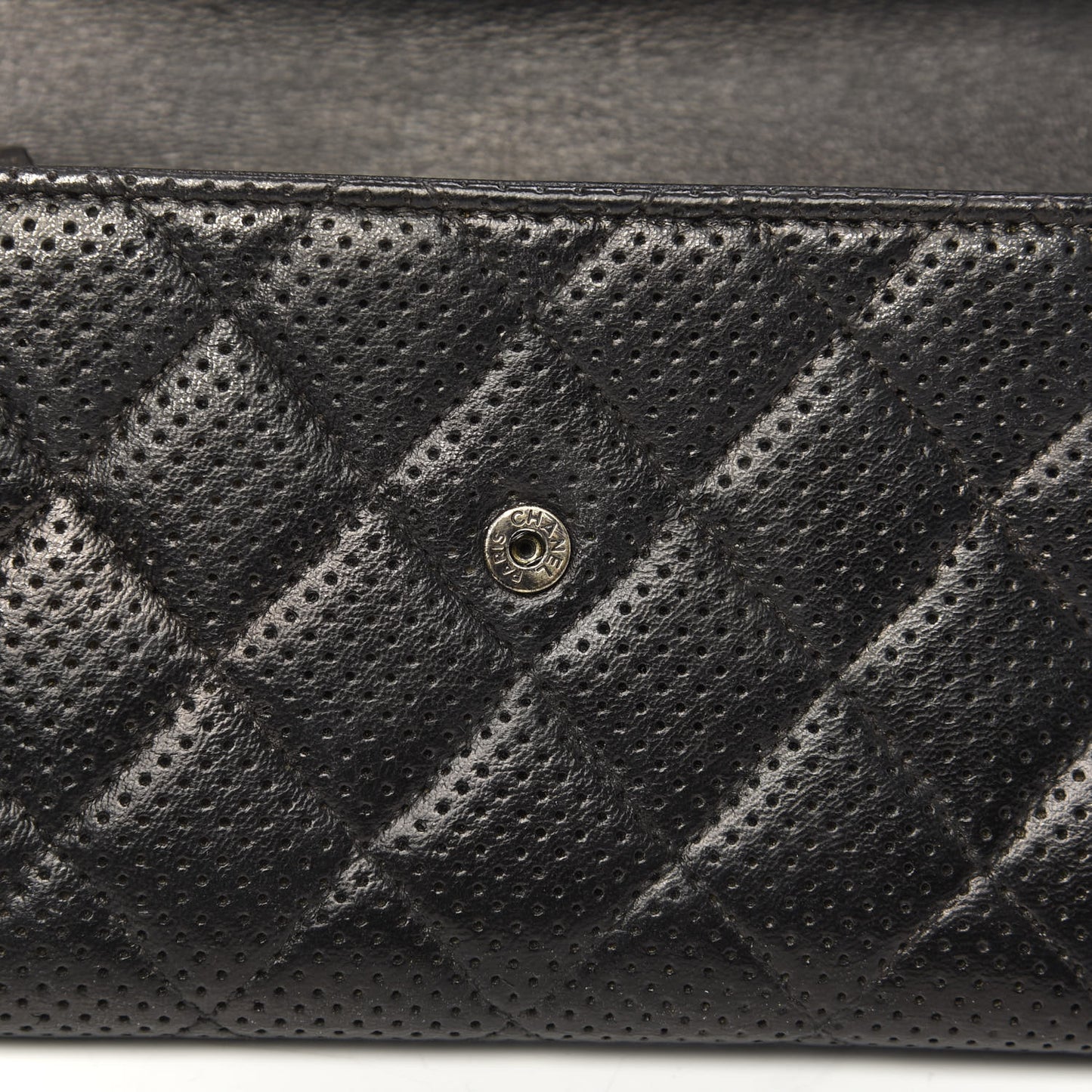 Perforated Lambskin Quilted Large Gusset Flap Wallet Black