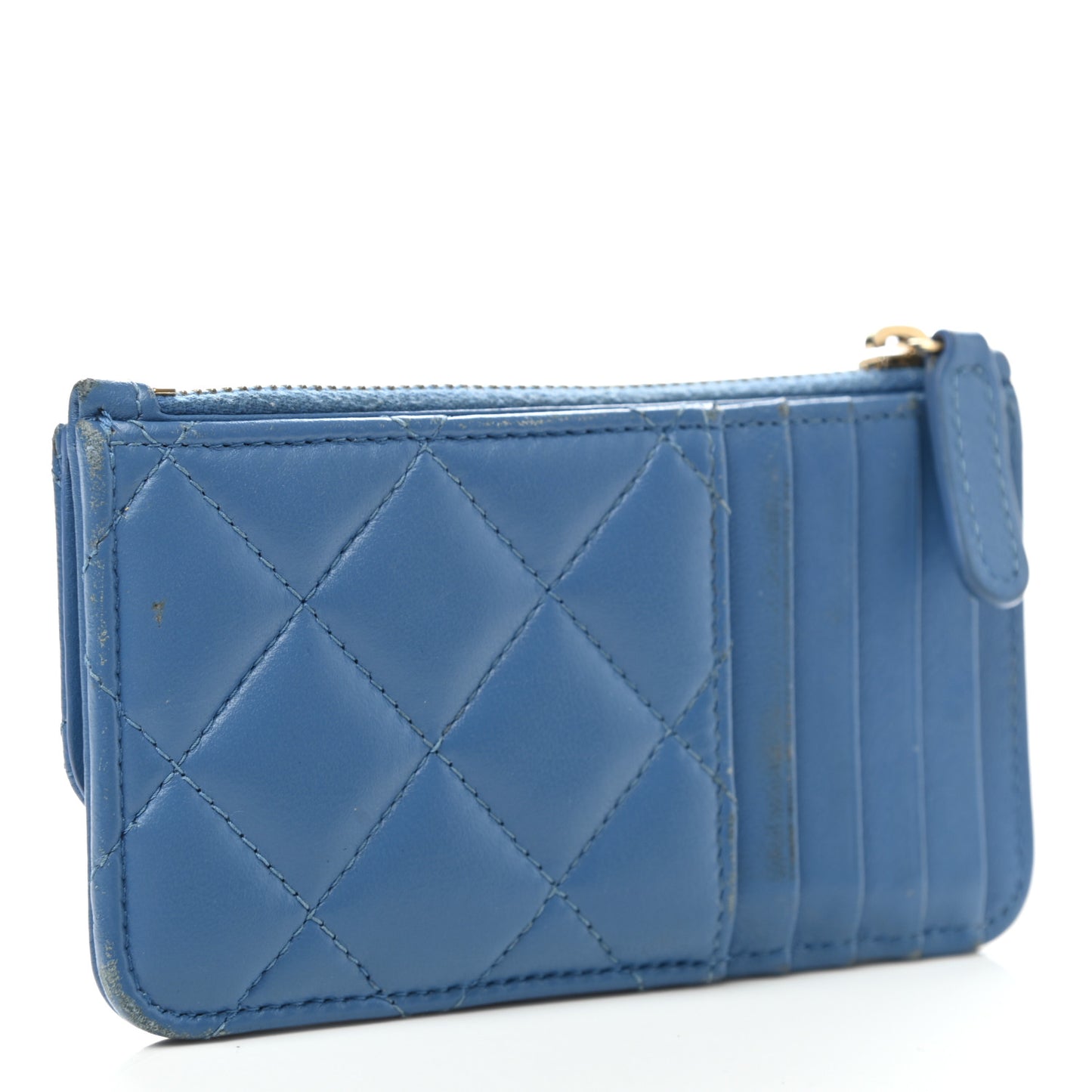 Lambskin Quilted Flap Zip Card Holder Blue