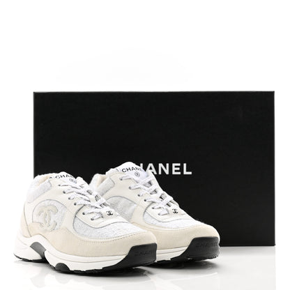 Chanel Painted Iridescent Cotton Tweed Suede Womens CC Sneakers 36 White Silver Multicolor 8 of 8