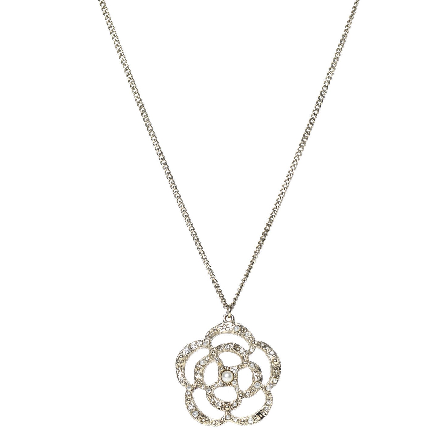 Pearl Crystal Large Camellia Pendant Necklace Light Gold