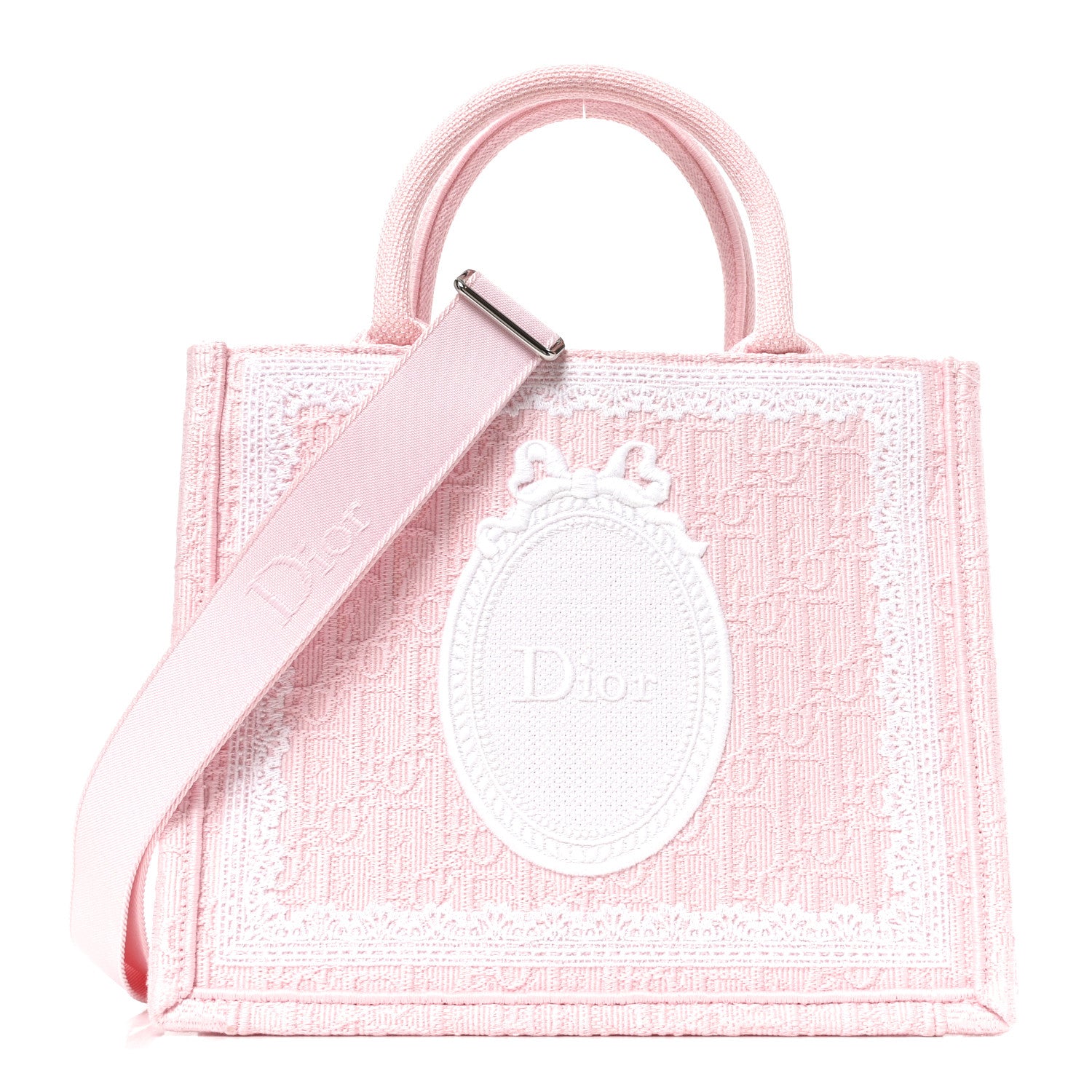 Christian Dior Cotton Toile De Jouy Oblique Embroidered Dior Medaillon Small Book Tote With Strap Soupir Pink White 1 of 10