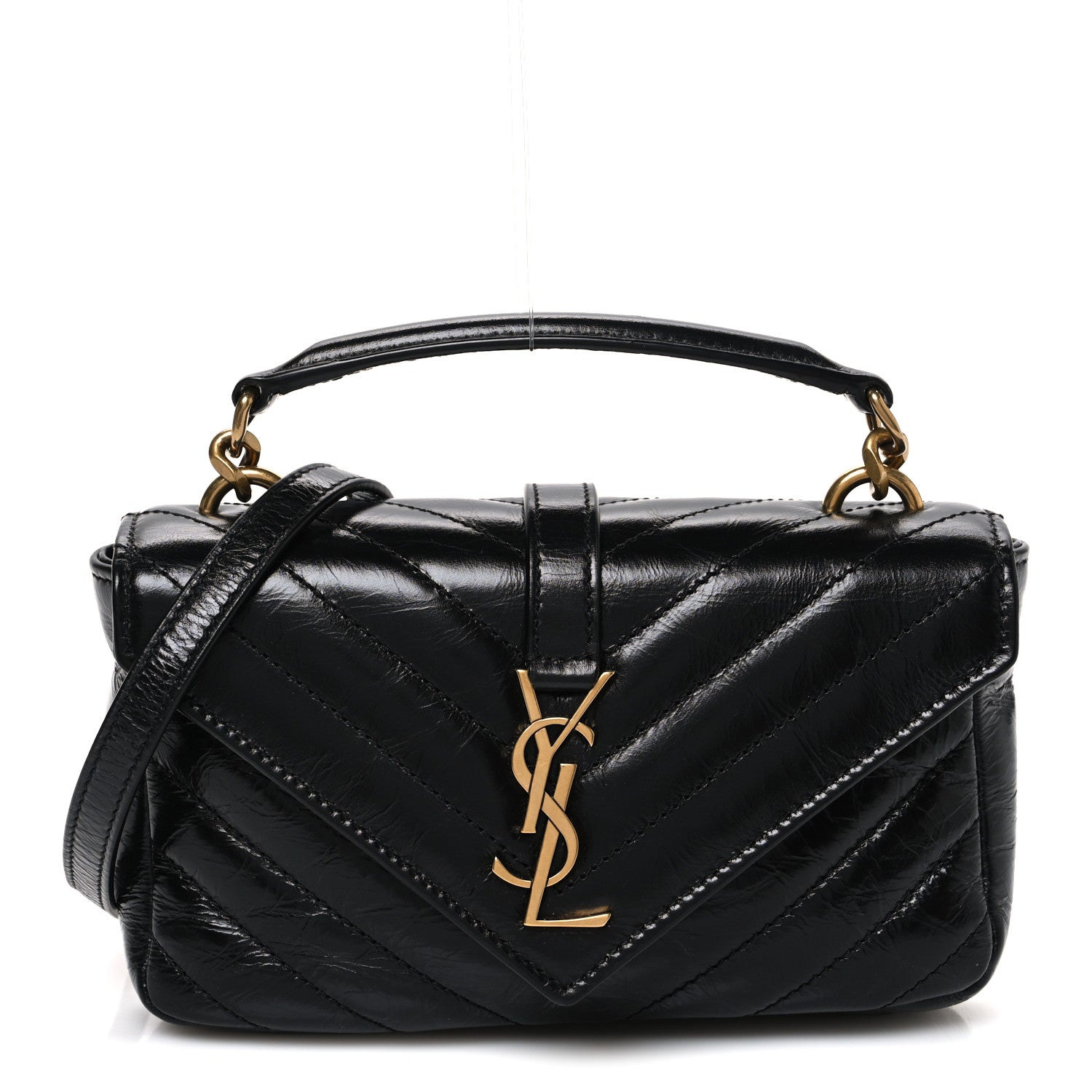 Saint Laurent Shiny Calfskin Matelasse Chevron Monogram Mini College Bag Black 1 of 10