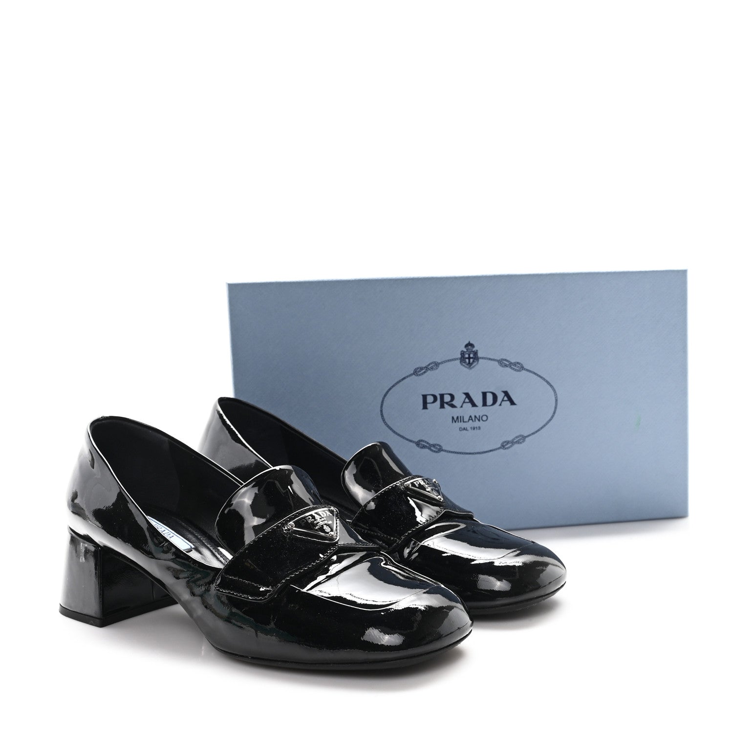 Prada Vernice Metal Triangle Logo 45mm Loafer Pumps 38.5 Black 10 of 10