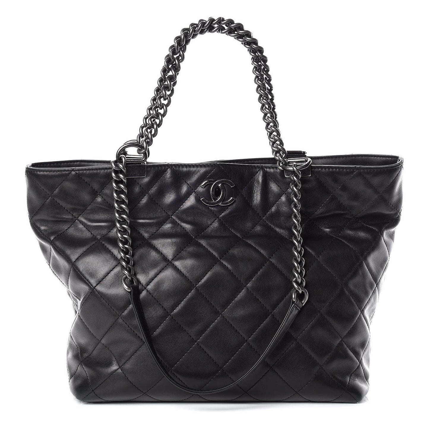 Calfskin Quilted Large Shopping In Chains Tote Black