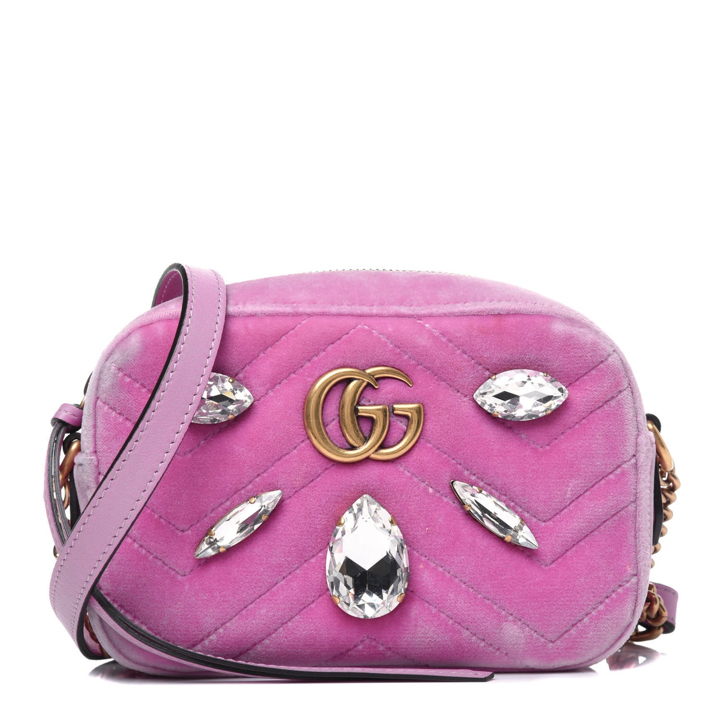 Velvet Matelasse Marquise Crystals Mini GG Marmont Chain Shoulder Bag Malva