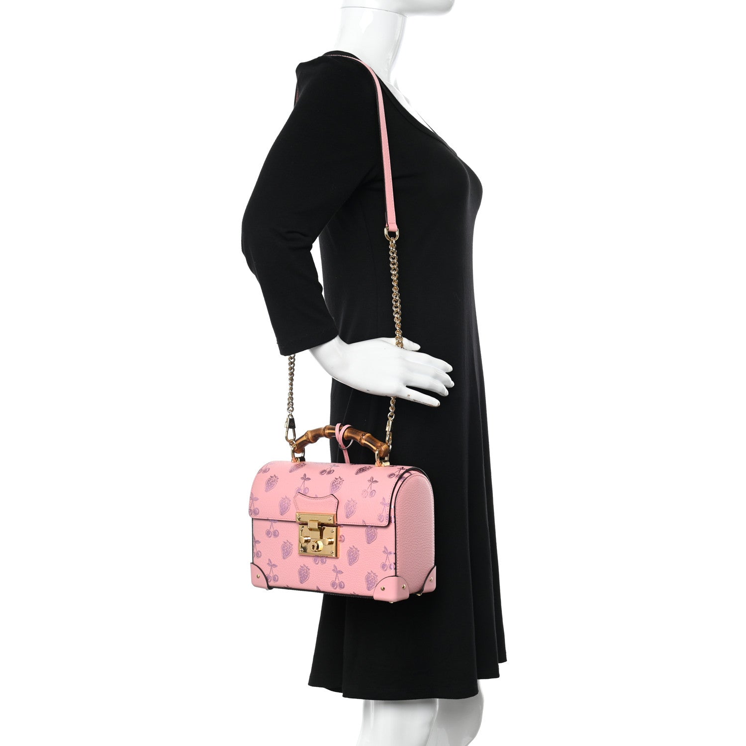 Gucci Textured Dollar Calfskin Berry Print Small Padlock Bamboo Shoulder Bag Pink Purple 2 of 11