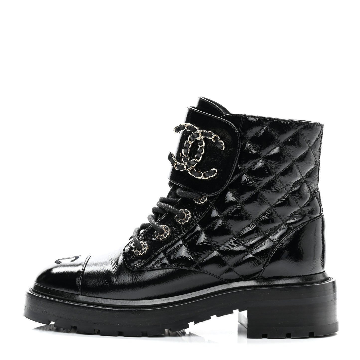 Shiny Calfskin Quilted Lace Up Combat Boots 35.5 Black