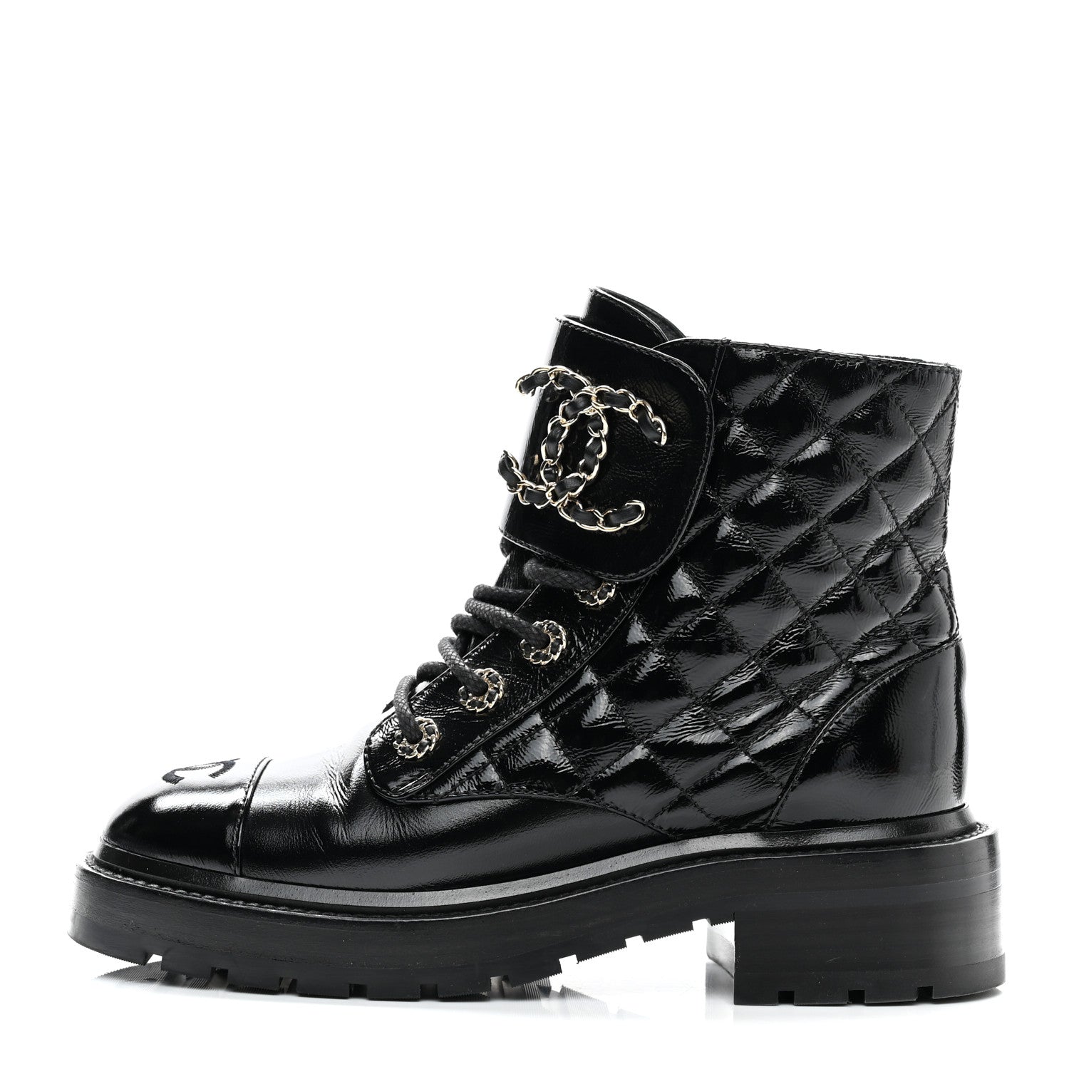 Chanel Shiny Calfskin Quilted Lace Up Combat Boots 35.5 Black 1 of 11