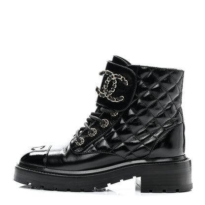 Chanel Shiny Calfskin Quilted Lace Up Combat Boots 35.5 Black 1 of 11