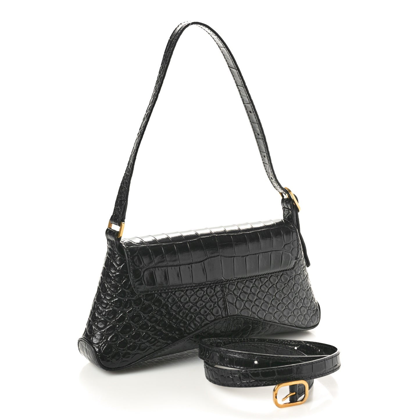 Shiny Super Supple Calfskin Crocodile Embossed Small XX Flap Stretch Bag Black