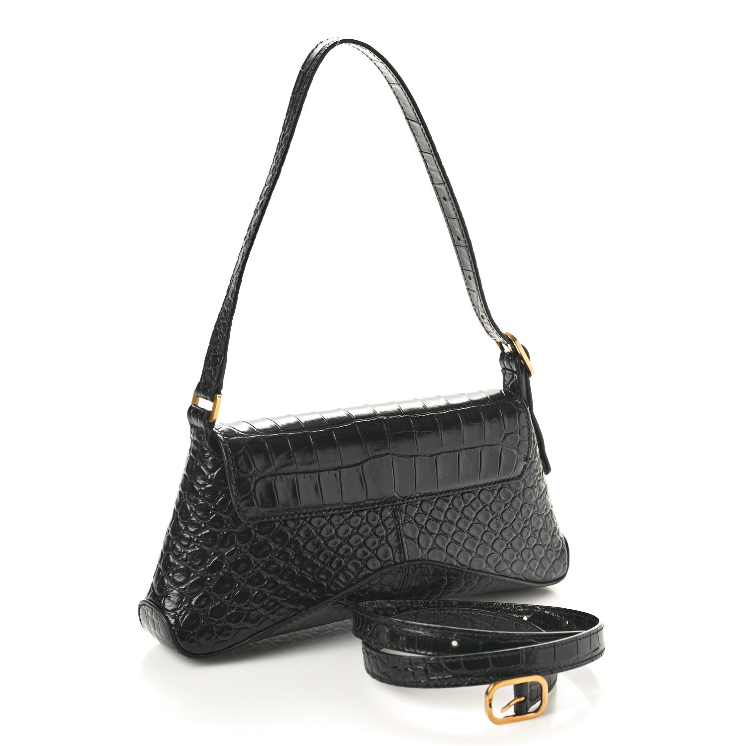 Balenciaga Shiny Super Supple Calfskin Crocodile Embossed Small XX Flap Stretch Bag Black 2 of 8