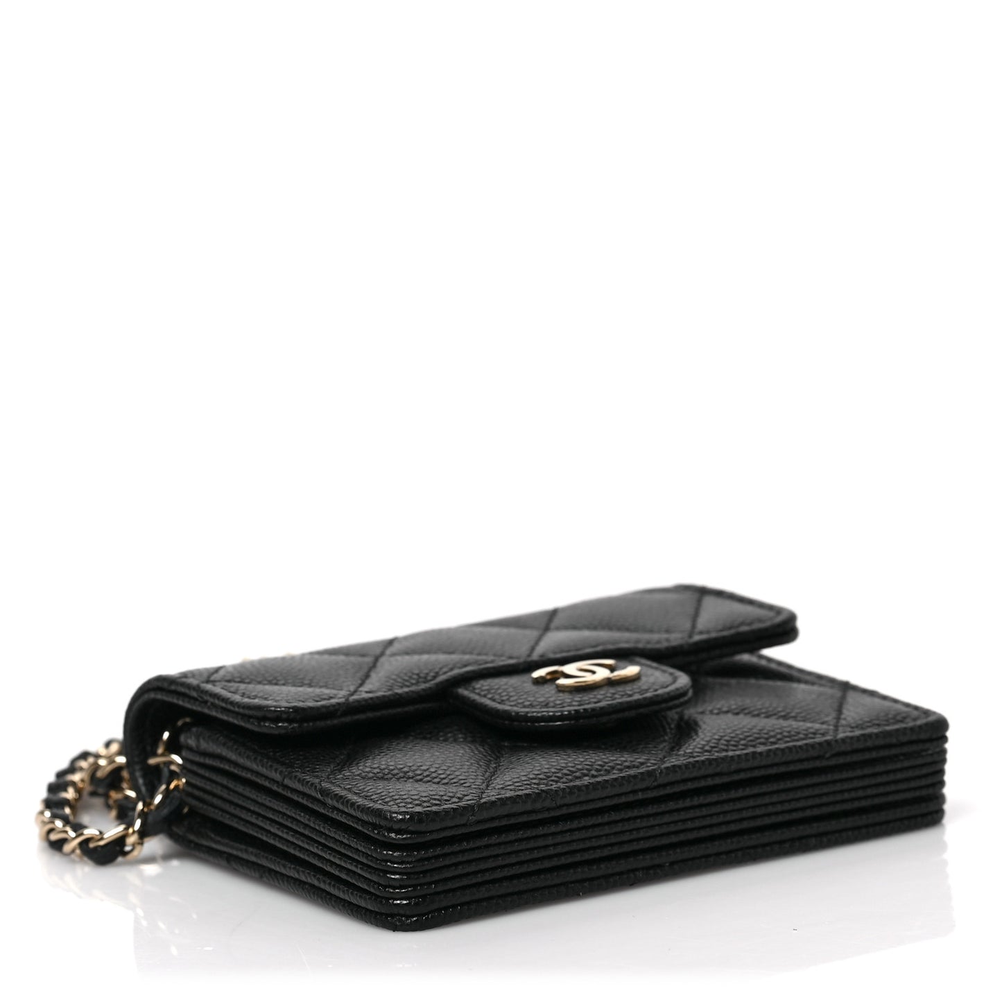 Caviar Quilted Flap Card Holder On Chain Black