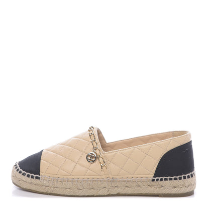 Chanel Lambskin Grosgrain Quilted CC Chain Espadrilles 39 Beige Black 1 of 10