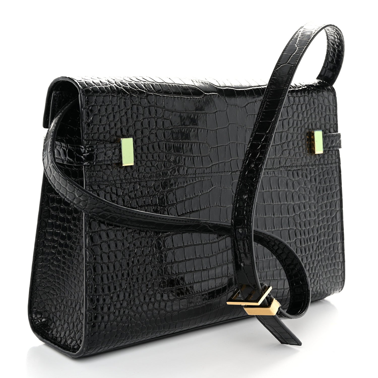 Saint Laurent Shiny Calfskin Crocodile Embossed Manhattan Baguette Black 3 of 10