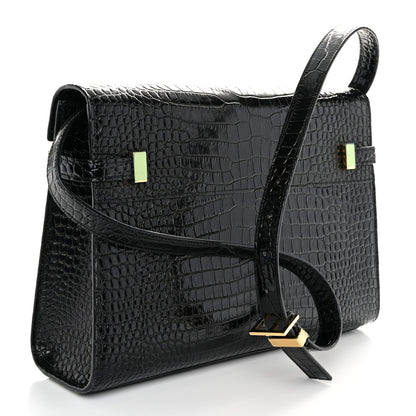 Saint Laurent Shiny Calfskin Crocodile Embossed Manhattan Baguette Black 3 of 10