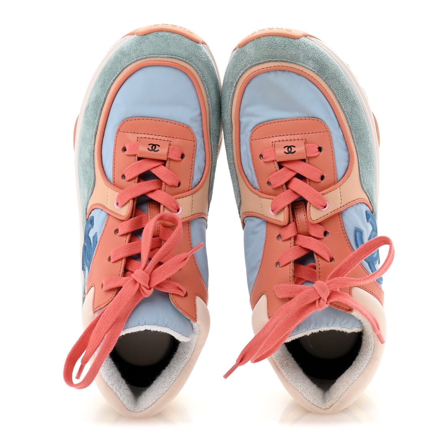 Chanel Nylon Lambskin Suede Calfskin CC Sneakers 38.5 Coral Light Blue White 2 of 9