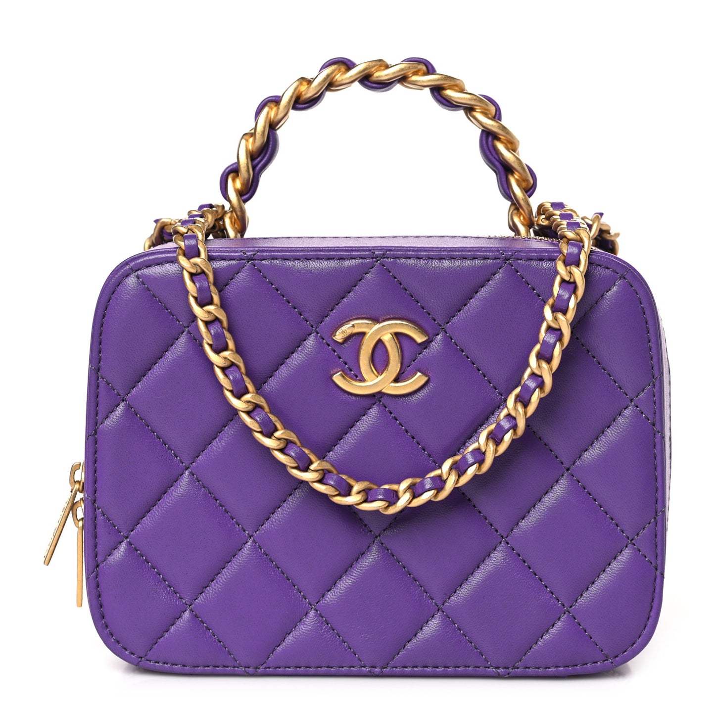 Lambskin Quilted Top Handle Small Vanity Case Purple