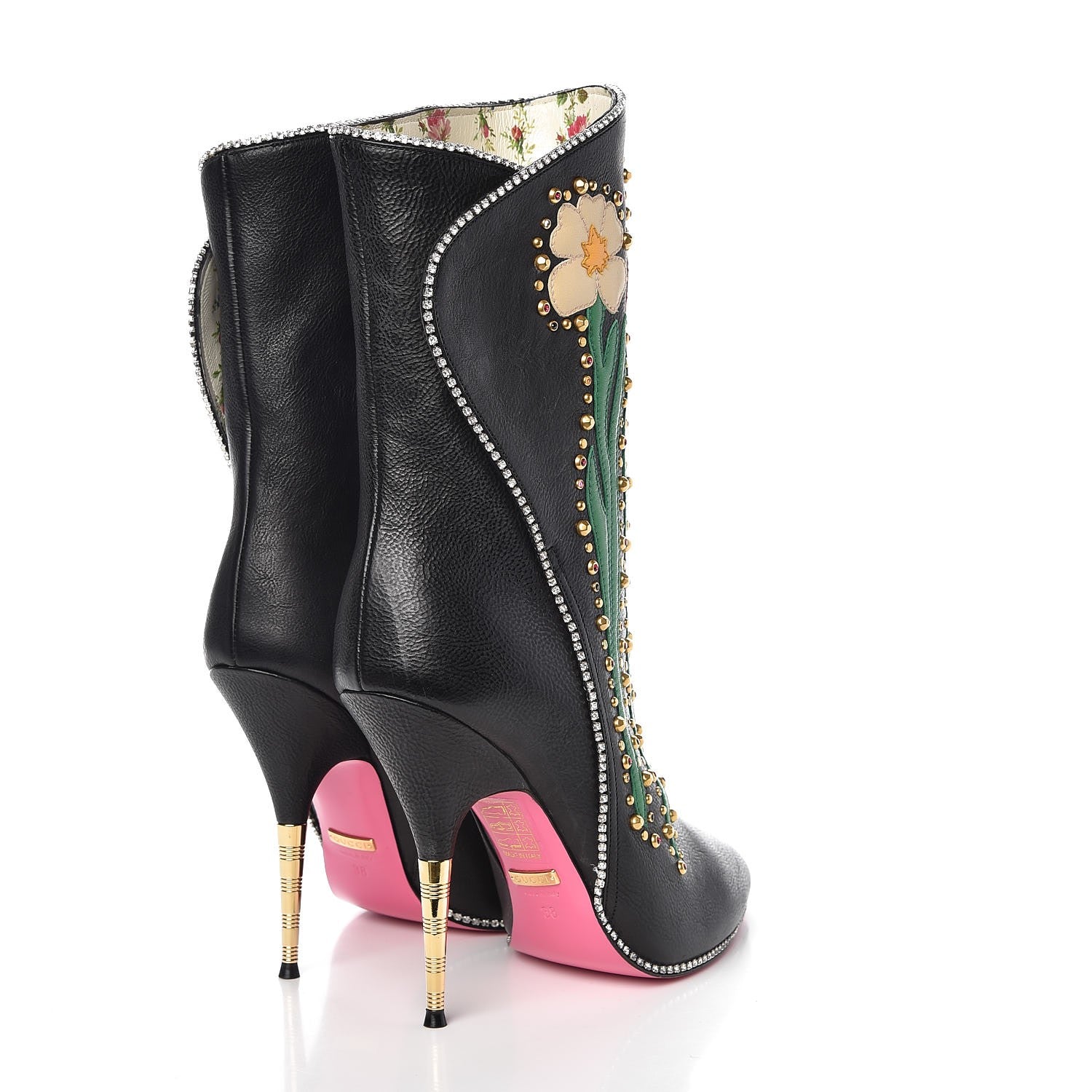 Gucci Calfskin Floral Crystal Embroidered Fosca Boots 38 Black 4 of 9