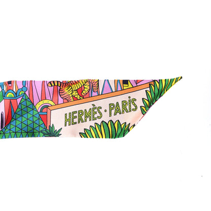 Hermes Silk Animapolis Plumetis Twilly Rose Vert Orange Fluo 4 of 4